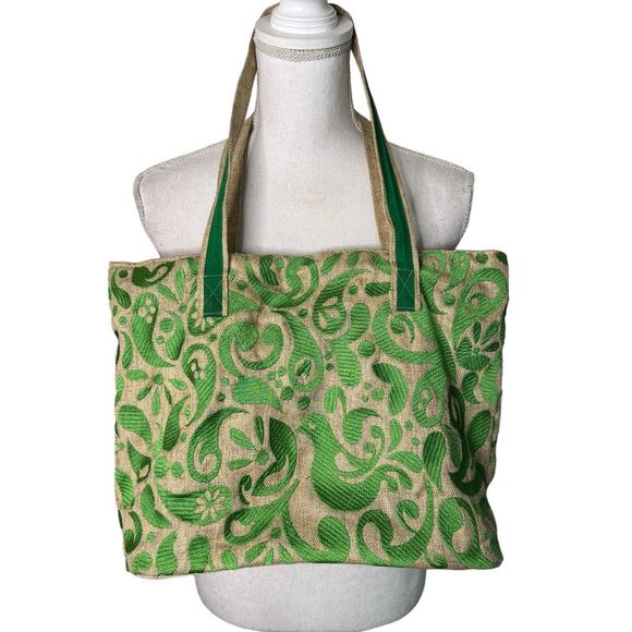 KC Malhan Bag Green Bird Embroidered Canvas Purse Tote Bag a15 - Picture 1 of 4